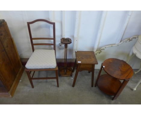 An Art Deco mahogany occasional table, an oak occasional table, smokers stand and an inlaid mahogany chair 
