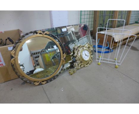 A vintage atomic metal newspaper stand, a bevelled edge mirror, etc. 