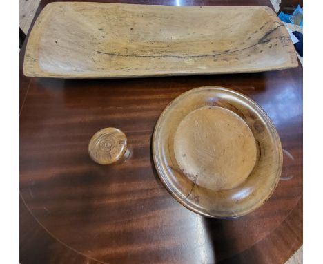 A wooden rectangular dough trough 71cm long by 26cm wide, a turned wood cylindrical pot with fitted screw on lid. 7cm x 7cm d