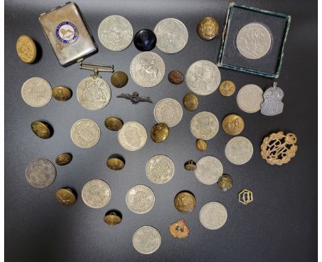 A small group of militaria buttons, a Defence medal, badges, coins including half crowns, crowns, etc. 