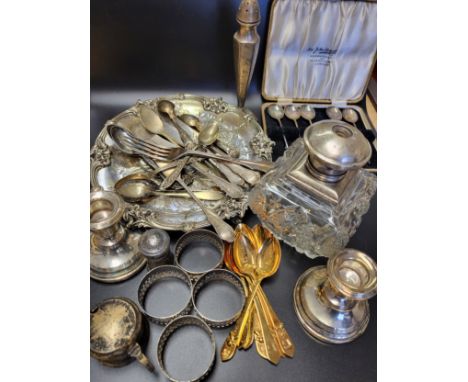 A group of silver and plated items to include a set of five silver coffee spoons (one spoon missing, two lacking bead termina