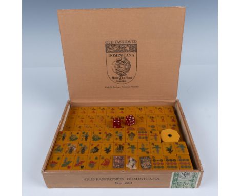 Traditional Mahjong tile set. Tiles have yellowed and some paint is worn off. Complete set of winds, bams, cracks, and dots. 