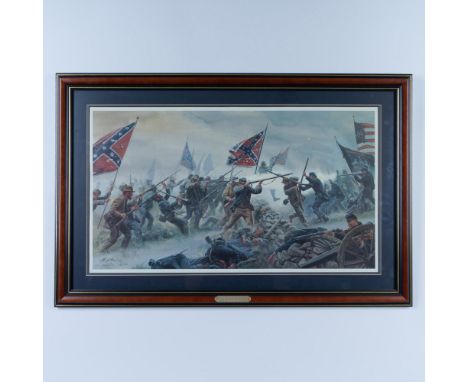 This stunning offset lithograph, printed and framed with archival materials, depicts the Battle of Gettysburg on July 3, 1863