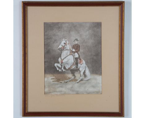 Levade is an original color lithograph on shimmery silk featuring a rider on a Lipizzaner stallion, made after Joseph Plank's