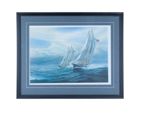 Limited edition color lithograph on paper entitled Racing In by American artist Tom Freeman who depicts clippers in full sail