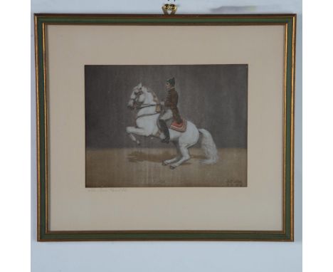 Levade is an original color lithograph on shimmery silk featuring a rider on a Lipizzaner stallion, made after Joseph Plank's