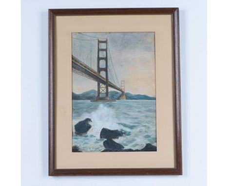 An original vintage color pastel on paper depicting the Golden Gate Bridge. Artist signature and date on lower left side: Lui