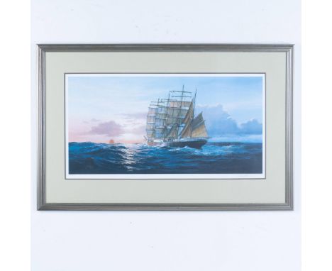 Limited edition color lithograph on paper entitled Coming Home by American artist Tom Freeman who depicts clipper ships saili