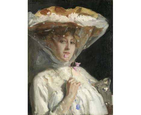 Josef Oppenheimer (German, 1876-1966)Portrait of a lady smelling sweetpeas signed, inscribed and dated 'J.OPPENHEIMER/LONDON 