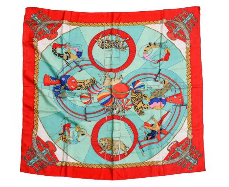 Hermes Silk Scarf 'Circus' Designed by Annie Faivre, depicting acrobats, leopards, tigers and lion on a green central ground 