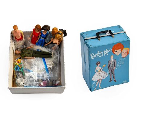 1960s Mattel Barbie and Ken Wardrobe Box, with carrying handle, enclosing fitted wardrobe for each, 27cm by 33cm by 18cm; Fiv