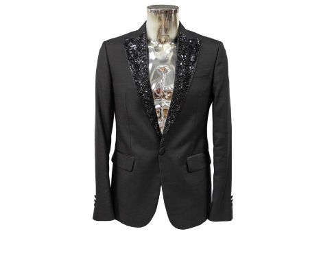 Circa 2012 Dsquared2 Black Wool and Silk Evening Jacket, with black sequin and bead appliqued lapels, single-button fastening