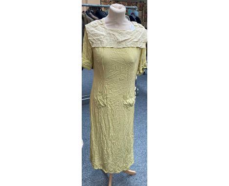 Circa 1920s Ladies' Silk Day Dresses, comprising a pale lime-green silk short sleeve dress with cream silk sailor-style colla