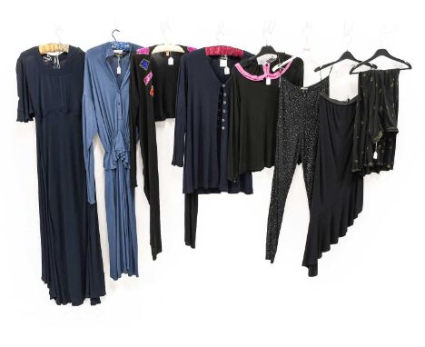 Assorted Jean Muir Costume, comprising a navy-blue jersey dress with elbow-length sleeves, square neckline (size 14); light-b