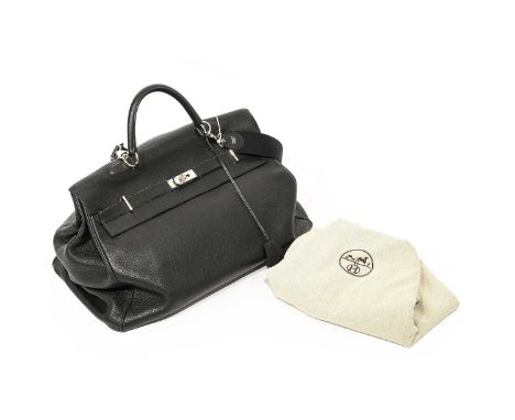 Circa 2010 Hermes Black Leather Kelly 50 Travel Bag, with palladium hardware, stamped to the leather 'K' '26C', carrying hand