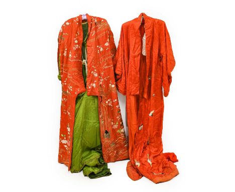 Early 20th Century Japanese Red Silk Figured Kimono, embroidered with silk embroidered cranes, red silk lining and silk crepe