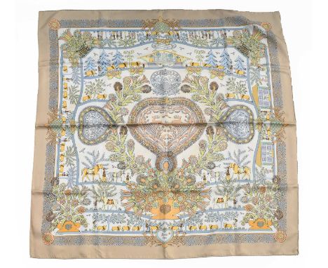 Hermes Silk Scarf 'Decoupages' Designed by Anne Rosat, in a folk style within a cream border, 90cm by 90cm, boxedCondition re