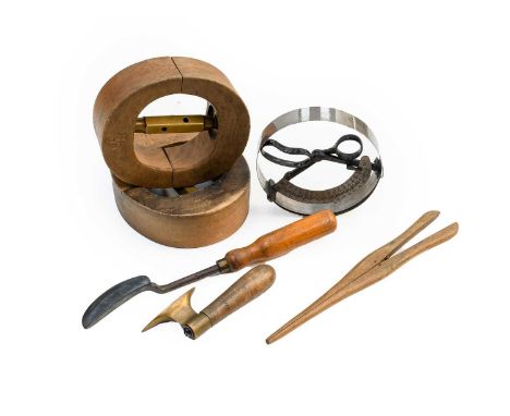 Black Silk Top Hat, labelled A Houston, Bank St, Carlisle (boxed), pair of white canvas spats; Milliners Tools comprising two