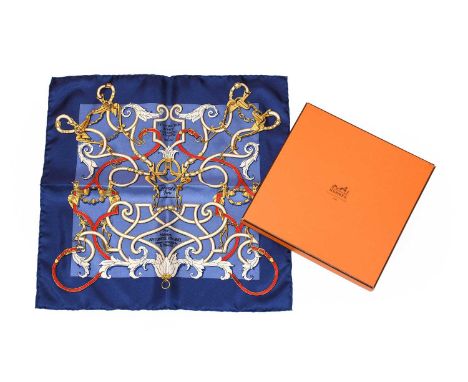 A Hermes Pocket Scarf 'Linstruction du Roy' Designed by H d'Origny with a navy blue border, 42cm by 42cm, boxed 