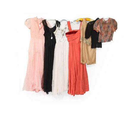 Circa 1940/60s Evening Dresses, comprising a Harrods pale peach silk chiffon sleeveless dress appliqued overall with silver b