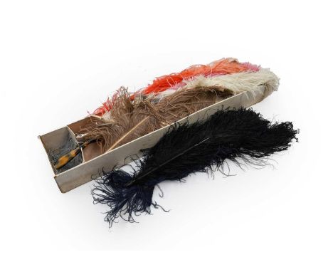 Assorted Late 19th/Early 20th Century Ostrich Feathers and Fans, comprising a white feather fan on mother-of-pearl sticks and