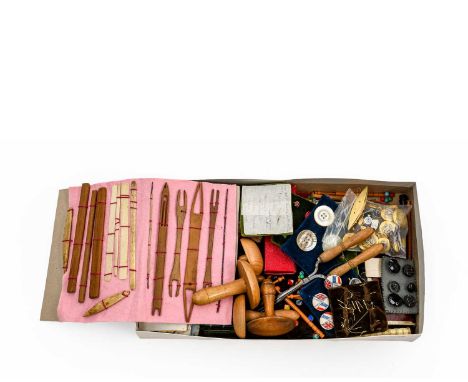 Assorted Sewing and Haberdashery Tools and Accessories, comprising two knitting sticks, darning mushrooms, embroidery tools, 