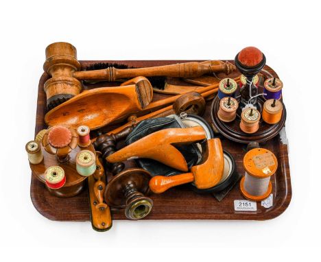Assorted 19th/20th Century Treen Implements including pair of shoe trees, large bobbin, small bobbin holder with carved petal