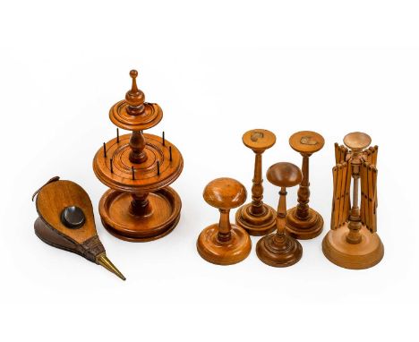 19th Century and Later Treen Accessories, comprising a two tier bobbin stand with dished base, 13.5" by 6" wide; table top wo