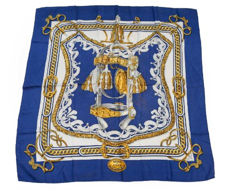 Hermes Silk Scarf Bride de Cour, in cream, navy and gold within a navy border, 87cm, in a Hermes envelope; Another Similar He