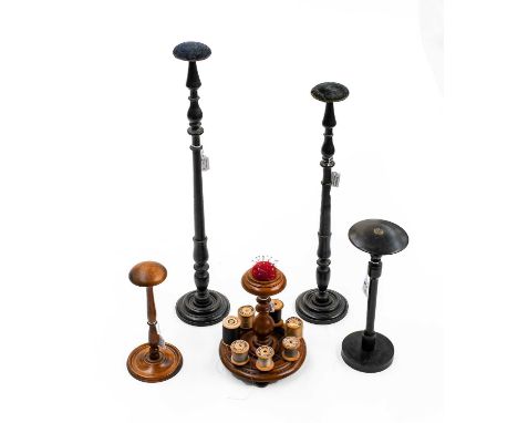 Late 19th Century Small Oak Bobbin Stand, on turned circular base and three bun feet, with pin cushion surmount, 20cm by 29cm