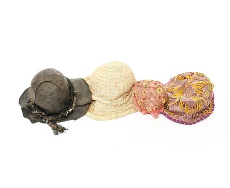 Four Early 20th Century Hats, comprising a Gage Brothers &amp; Co pink/purple silk hat with yellow velvet trim and leaf appli