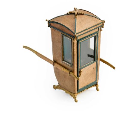 A 19th Century Doll's Sedan Chair, mounted in light brown leather and trimmed in green, sectional domed top, wood and giltwoo