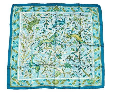 Hermes Silk Scarf 'Pavement Mosaic', designed M Tranchant in green and blues within a teal blue border, 90cm by 90cm (boxed),