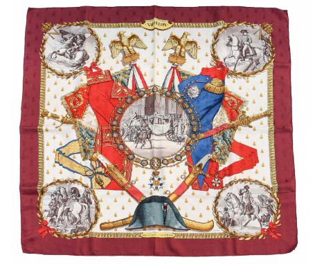 Hermes Silk Scarf 'Napoleon' Designed by Ledoux, incorporating military features with a burgundy border woven with bees, 90cm