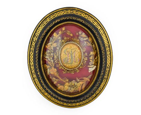 A 19th Century French Gilt Rolled-Paper and Pearl Set Wedding Commemorative Display, with central oval padded silk cushion pa