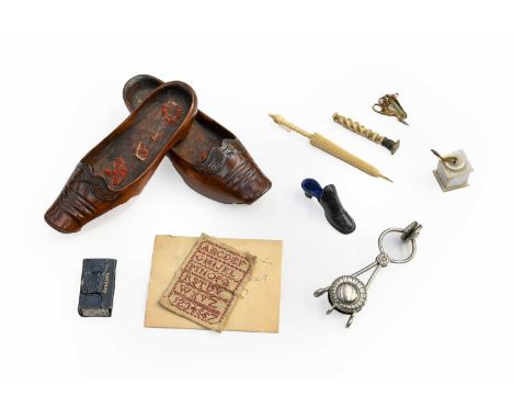 Assorted Sewing Accessories and Other Items, comprising a pair of walnut carved Eastern style slippers, each 17cm long; minia