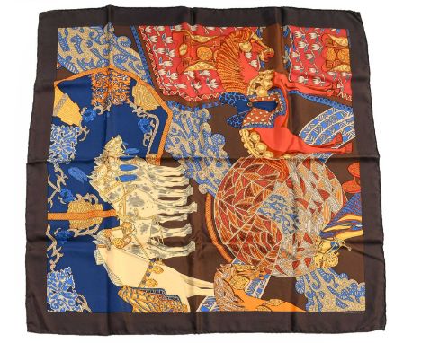 Hermes Silk Scarf 'Arts Des Steppes' Detail, designed by Annie Favre depicting stylised horses in decorative tackd amongst fl