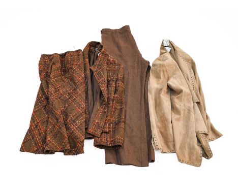 Jean Muir Costume, comprising a brown wool mix two-piece suit including an A-line skirt and matching long-sleeved jacket with