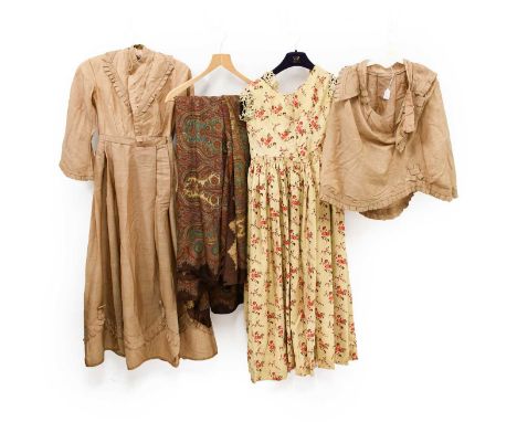 Late 19th Century Light Brown Wool Dress, with pleated detail to the bodice, long flared sleeves with pleated detail, full sk