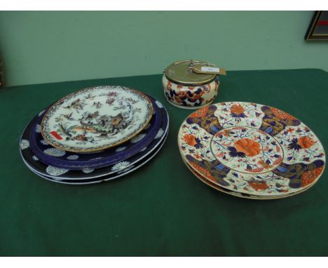 3 early cobalt blue surround ironstone plates, pair of early Derby side plates (traditional pattern) and a handled, plated li
