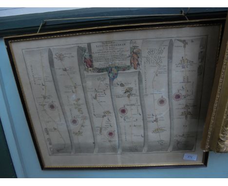 John Ogilvy framed hand coloured road map from London to Oakham, Luton to Rockingham in contemporary hogarth frame (51cm x 41