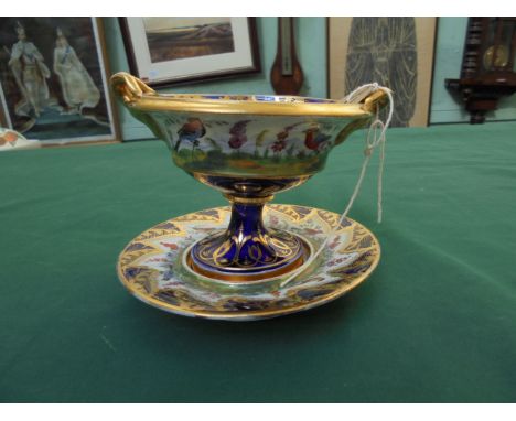 Most decorative miniature trophy vase and plate the cobalt blue and gilt base and surrounds  to the dish hand painted birds a