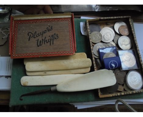 Magpie lot of mixed coinage incl. sel. of QE II Crowns, early British copper coins, bone handled button hook and bone handled