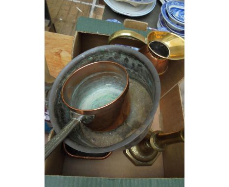 Selection of brass and copper incl. a brass candlestick, bulb bowl, iron handled saucepan and jug etc.