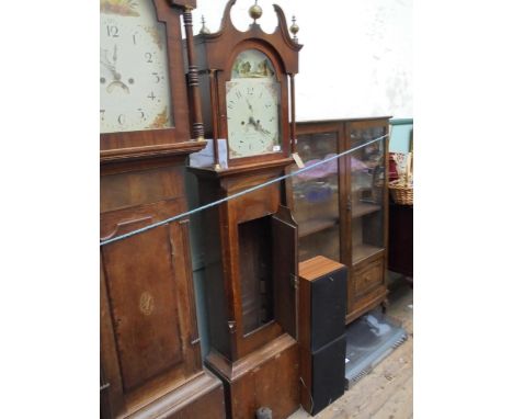 Early 19th century long cased 8 day country grandfather clock in mixed woods, the dial hand painted church and thatched cotta