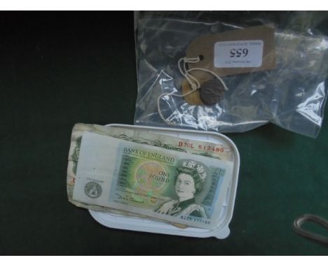Paper money incl. 3 early pound notes, German single Mark, gold military button dated 1860 and a Georgian III half sovereign 