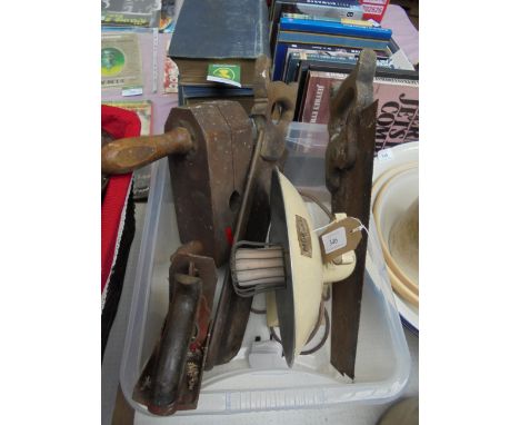 Morco infa red lamp, joners plane, wooden press and 2 hand saws