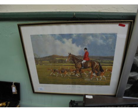 Coloured hunting print signed by the subject and artist Jim Webster, The Belvoir Huntsman on Cassidy by Neil Cawthorne in con