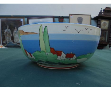 Rare Clarice Cliff ' Clovelly' bowl, c. 1934, painted traditional colours , seascape painting (22.5cm dia x 9cm tall) small h