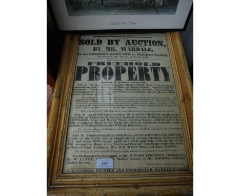 Framed early Victorian advertising print in respect of the sale of a Market Rasen properties and land